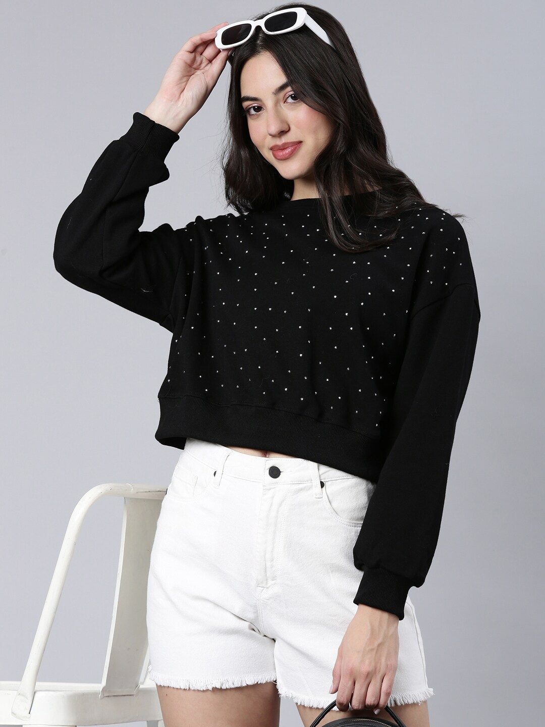 

SHOWOFF Embellished Round Neck Long Sleeves Cotton Crop Pullover Sweatshirt, Black