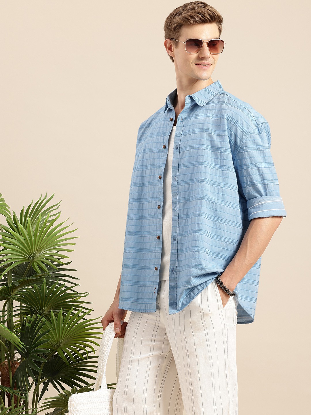 

Mast & Harbour Men Textured Oversized Casual Shirt, Blue
