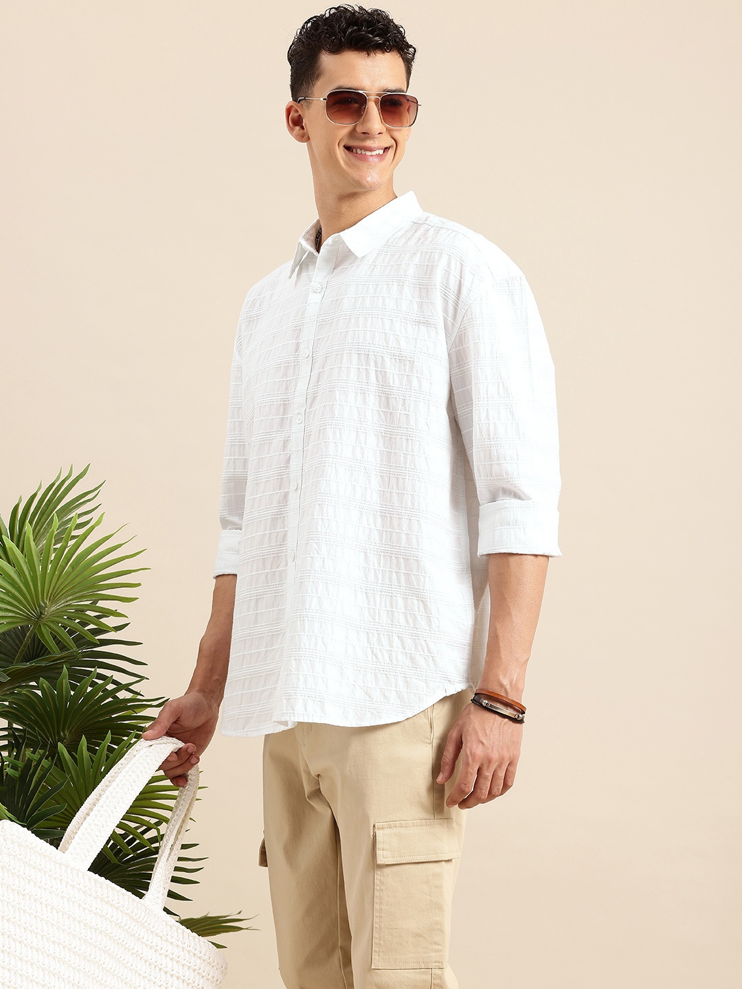 Mast & Harbour Men Textured Oversized Casual Shirt, White