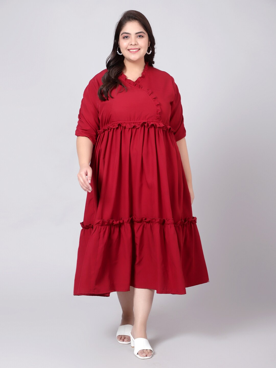 

Indietoga Plus Size V-Neck Ruffled Tiered A-Line Maxi Dress, Maroon