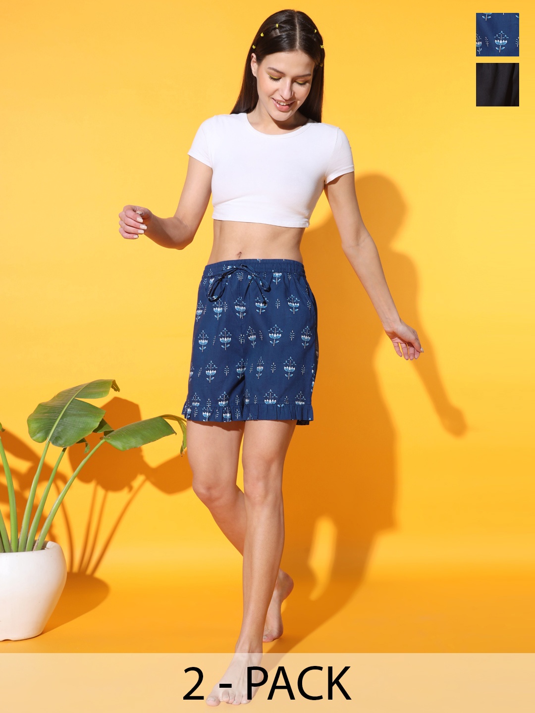 

MBeautiful Women Pack Of 2 Blue & Black Floral Printed Organic Cotton Lounge Shorts