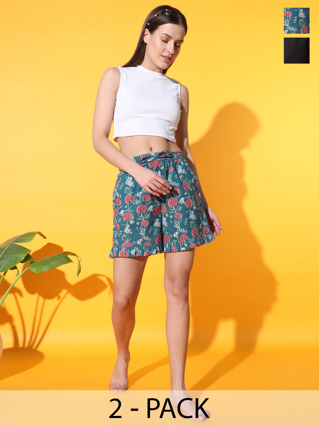 

MBeautiful Women Pack Of 2 Teal Blue & Black Floral Printed Organic Cotton Lounge Shorts