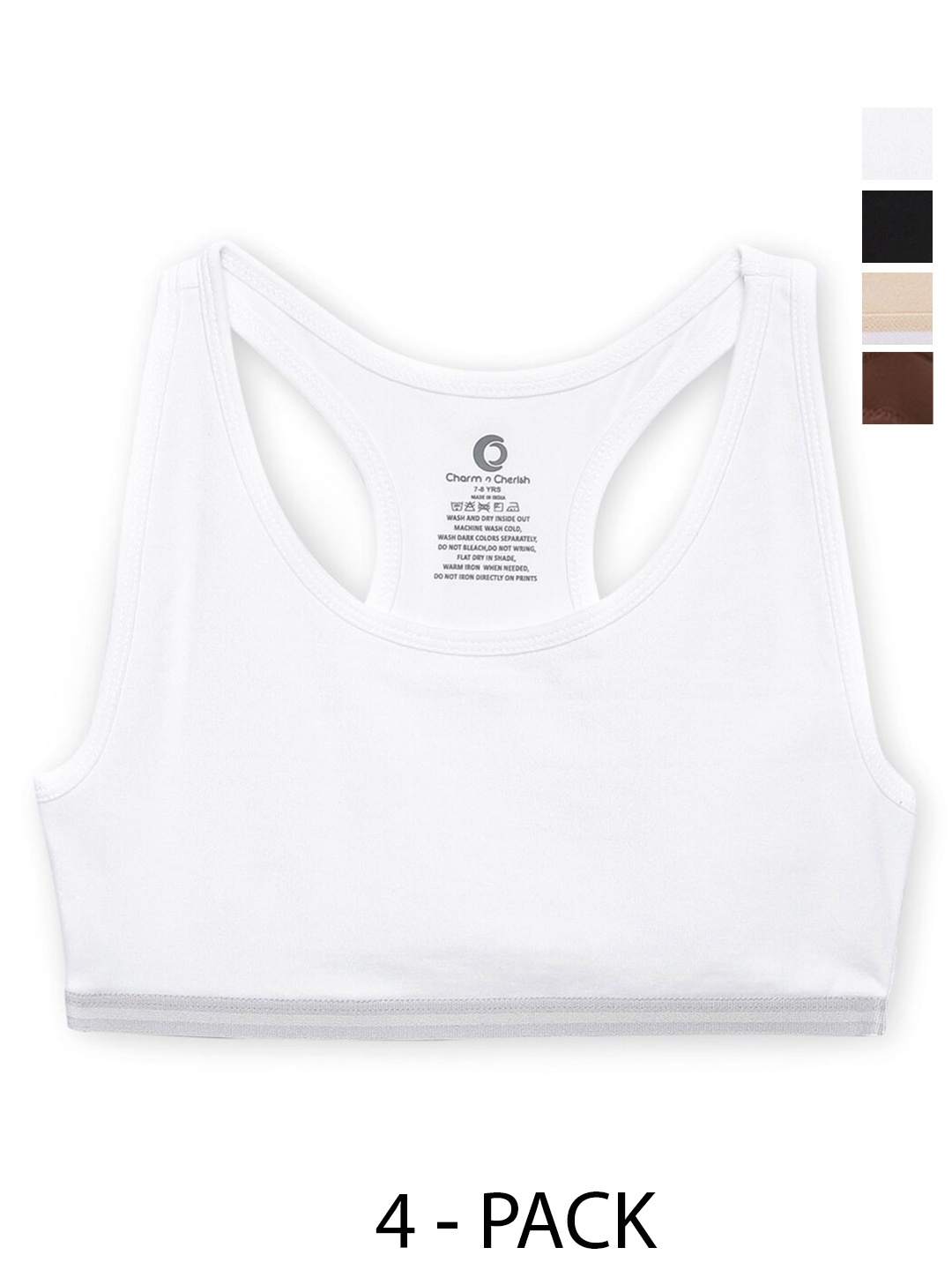 

Charm n Cherish Girls Pack Of 4 Workout Bra Full Coverage Non Padded All Day Comfort, Beige