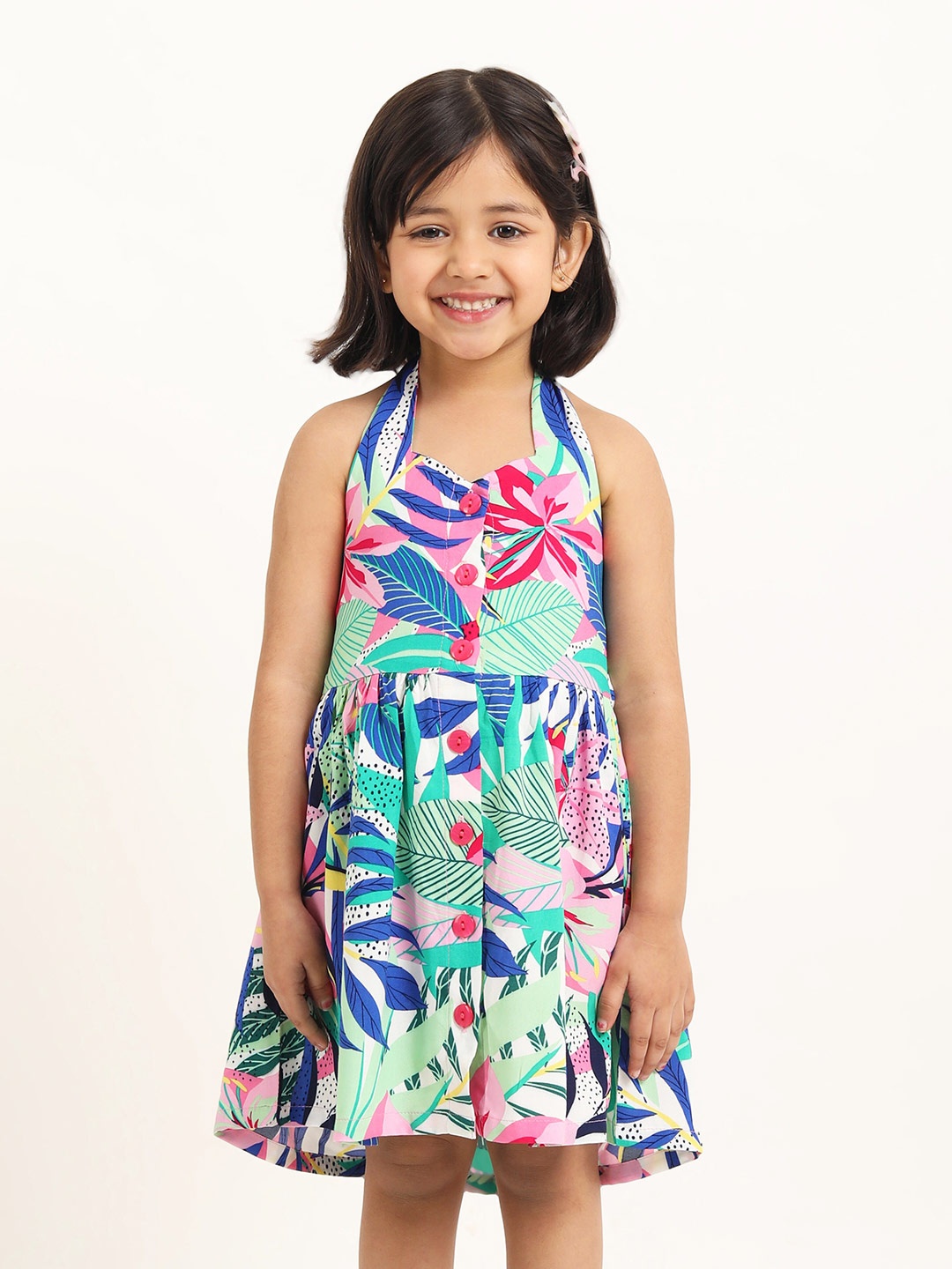 

Campana Girls Tropical Printed Halter Neck Fit & Flare Dress, Green