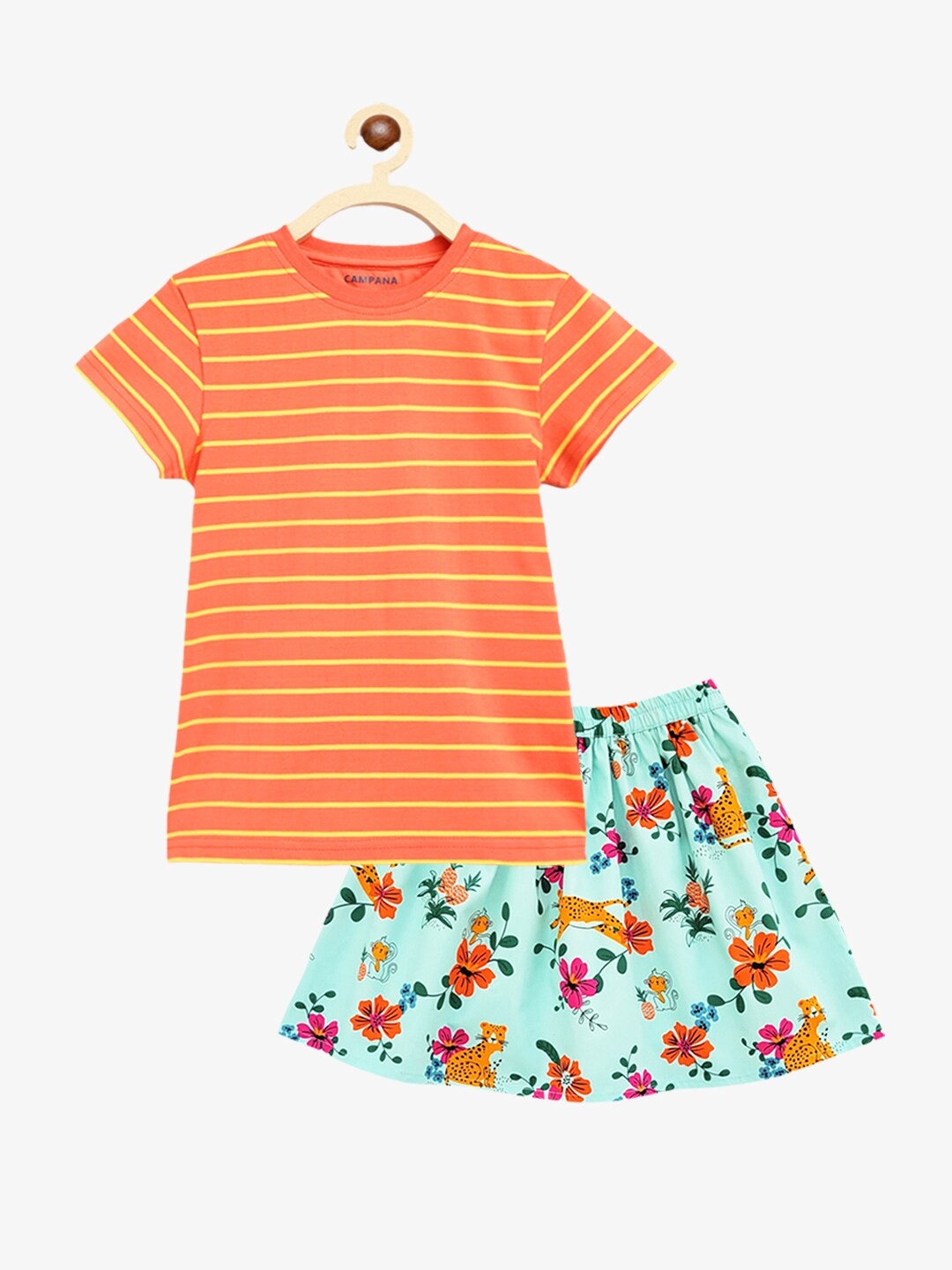 

Campana Girls Striped Pure Cotton T-shirt with Skirt, Peach