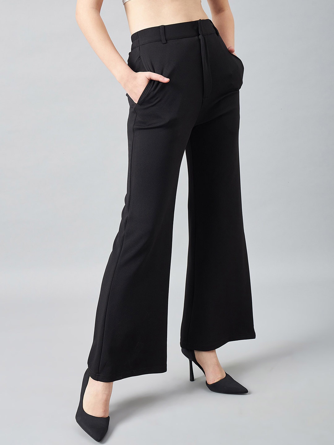 

DELAN Women Relaxed Easy Wash High-Rise Parallel Trousers, Black