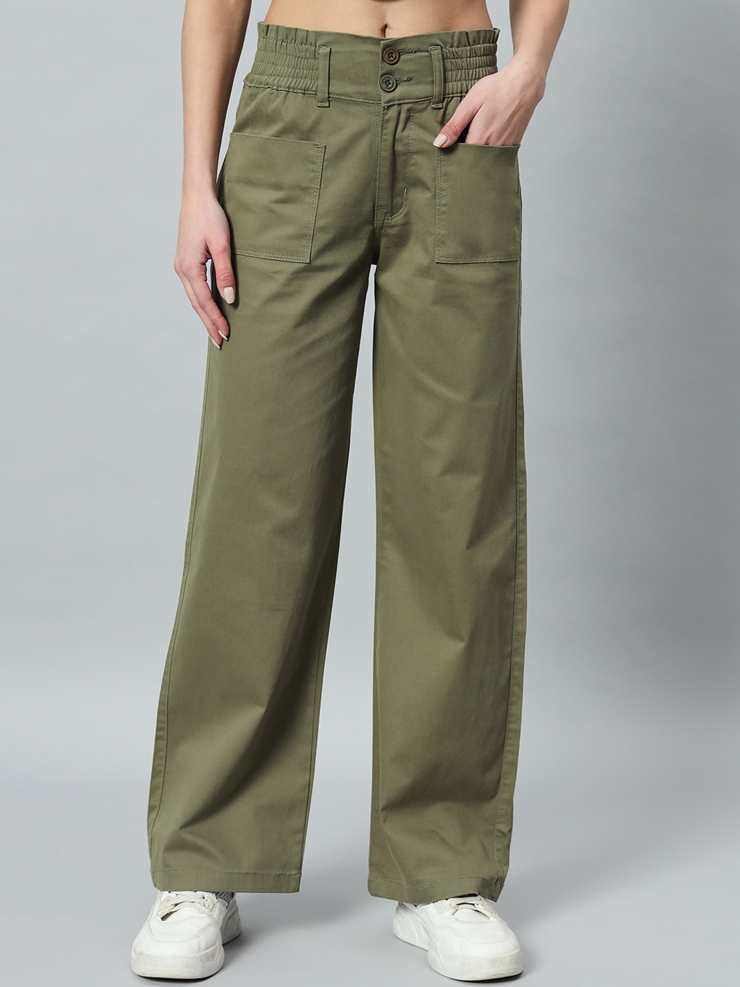 

BROOWL Women Relaxed Straight Fit Easy Wash Cotton Parallel Trousers, Green