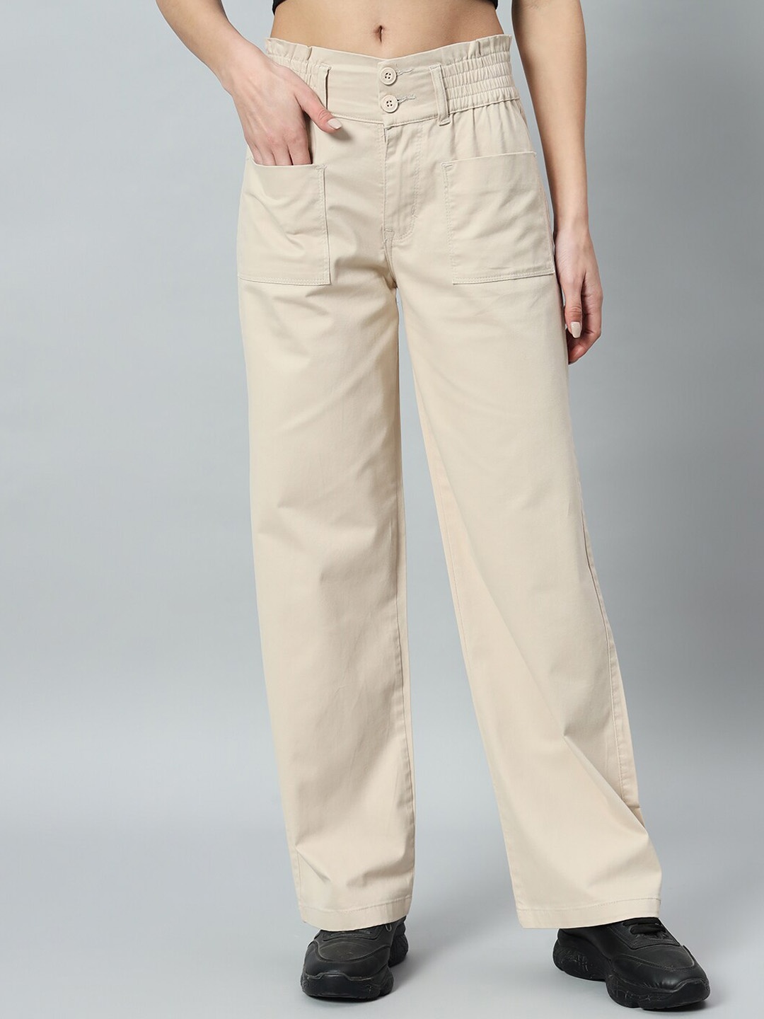

BROOWL Women Relaxed Straight Fit Easy Wash Cotton Trousers, Cream