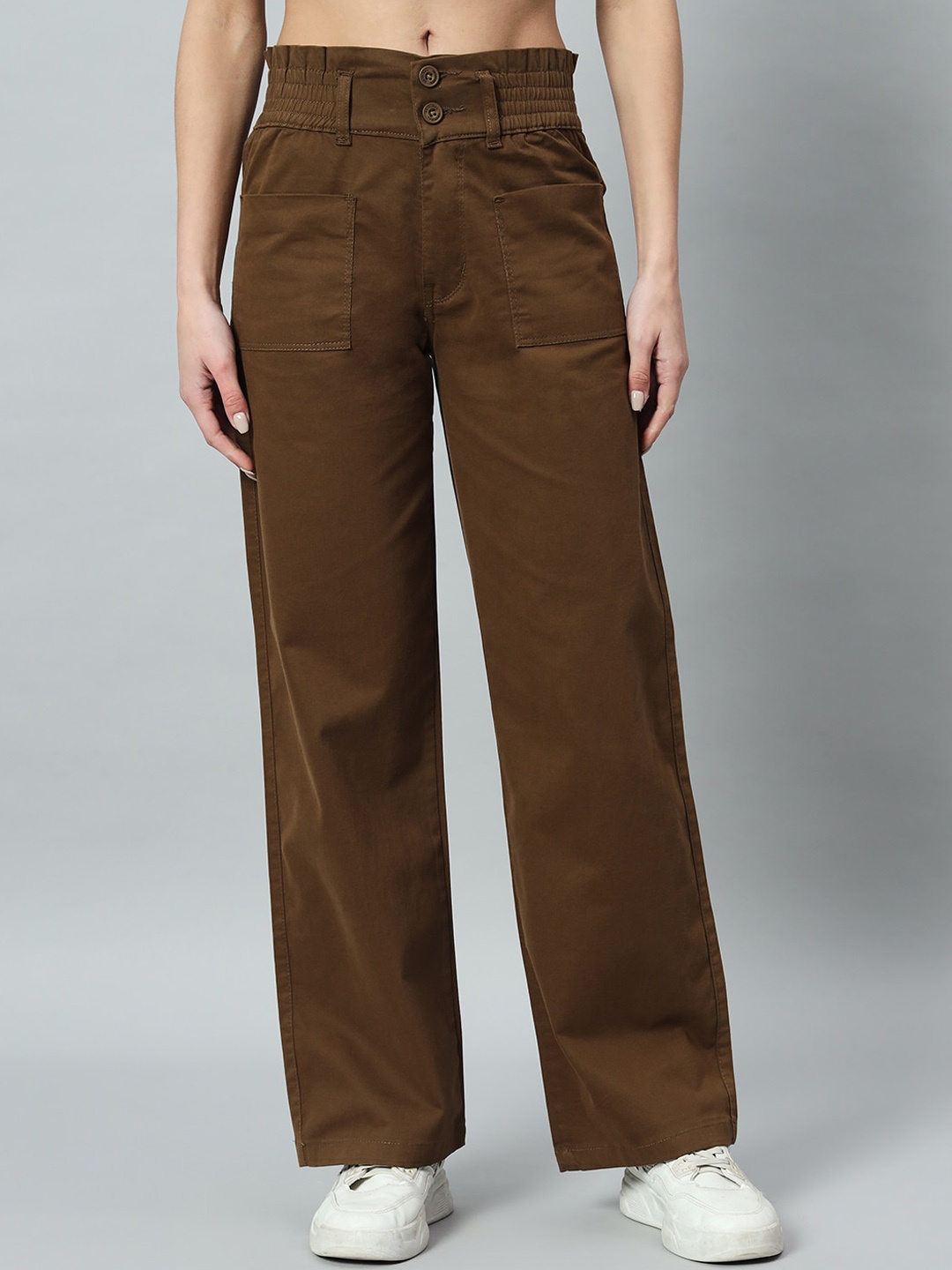 

BROOWL Women Relaxed Straight Fit Easy Wash Cotton Trousers, Brown