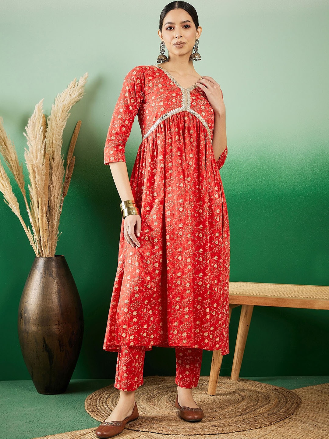

Sangria Jaal Printed Pure Cotton A-Line Kurta With Trousers, Red