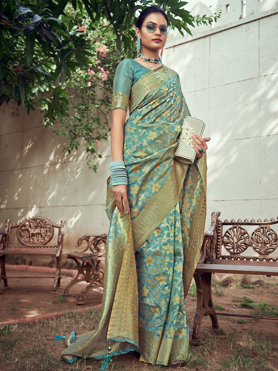

Satrani Ethnic Motifs Woven Design Zari Banarasi Saree, Turquoise blue