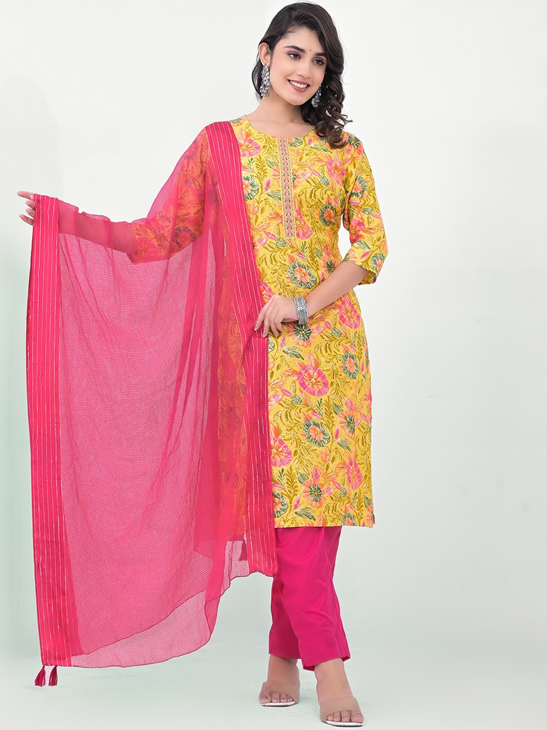 

Label Khoj Floral Printed Regular Thread Work Kurta With Trousers & Dupatta, Yellow