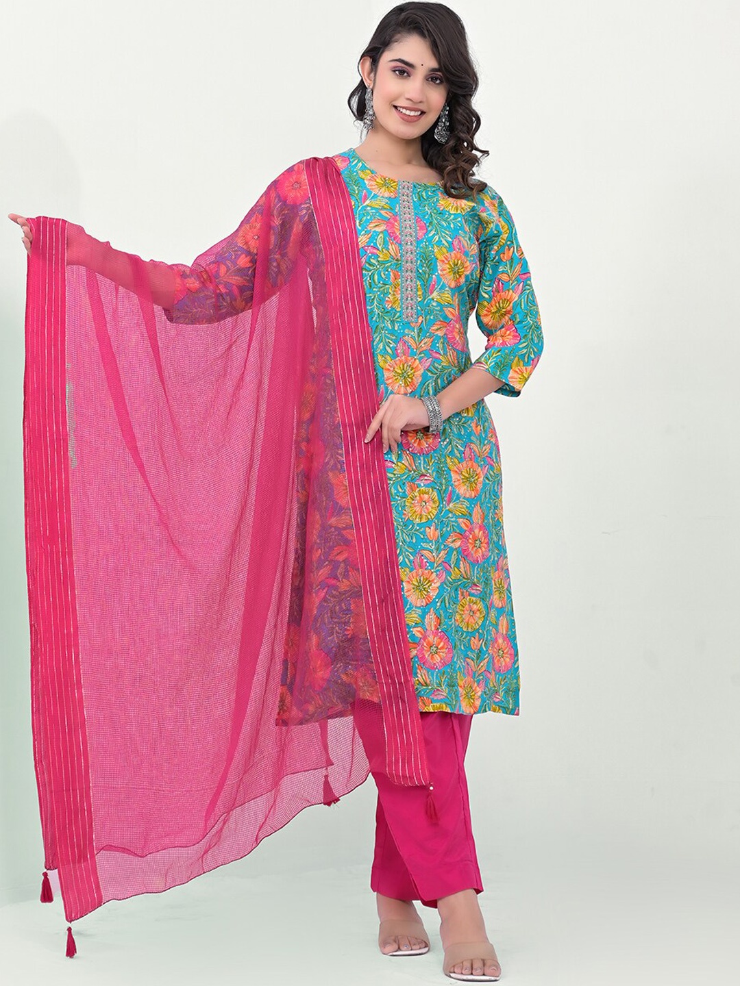 

Label Khoj Floral Printed Regular Thread Work Kurta With Trousers & Dupatta, Blue