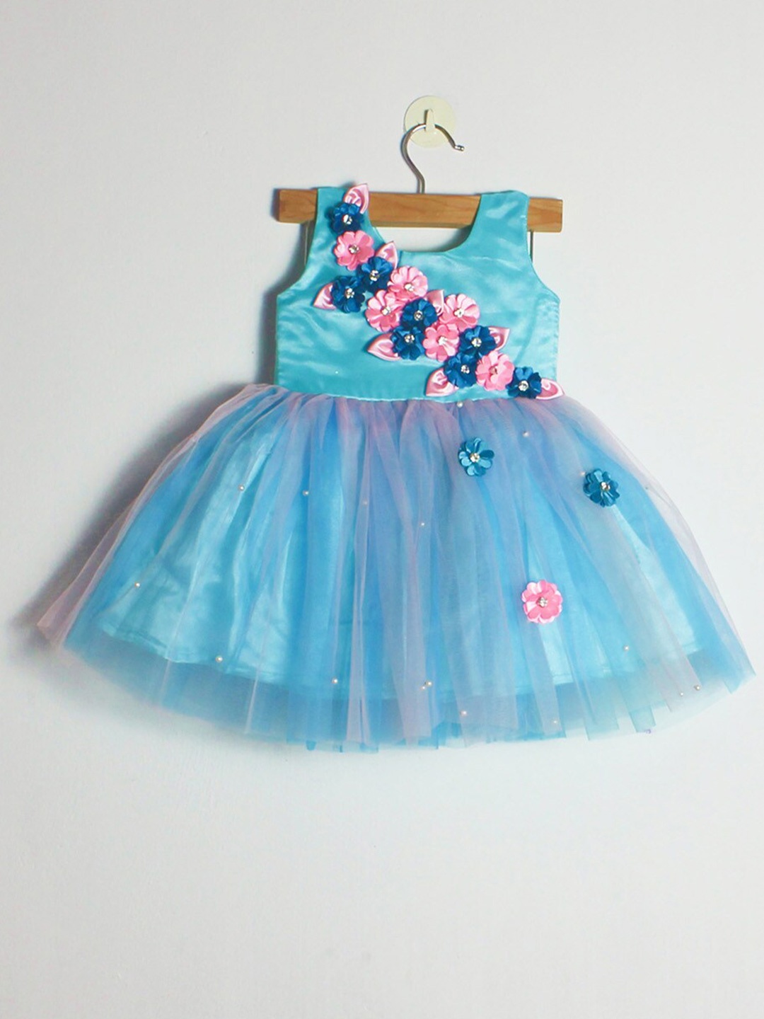 

BAESD Girls Floral Self Design Net Fit & Flare Dress, Blue