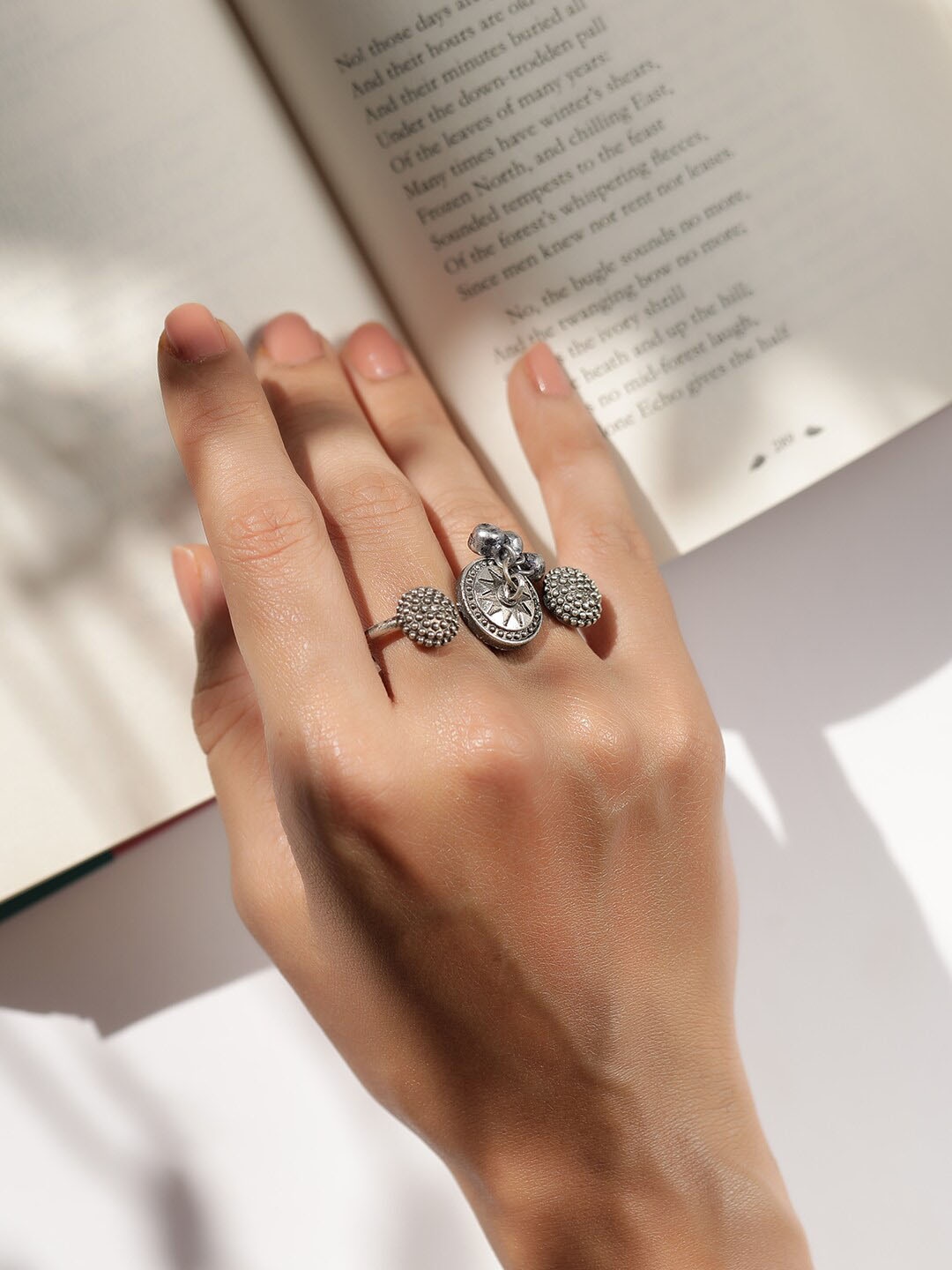 

Rubans Silver Plated Beaded Textured Double Statement Finger Ring