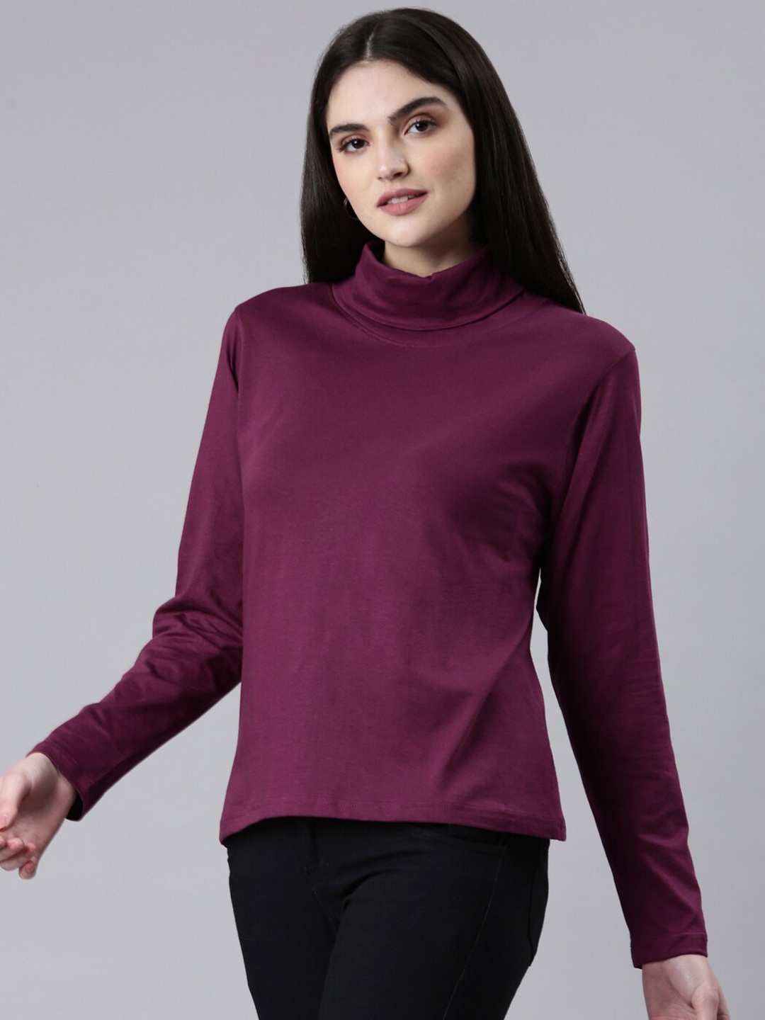 

Kryptic High-Neck Long Sleeves Pure Cotton Regular T-shirt, Burgundy