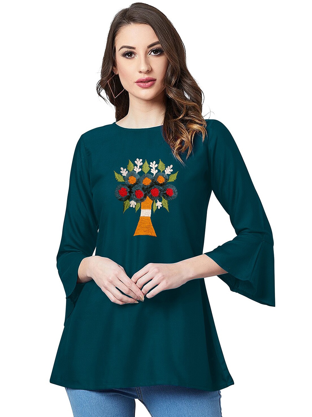 

SANJANA SILK Floral Embroidered Bell Sleeves Longline A-Line Top, Green