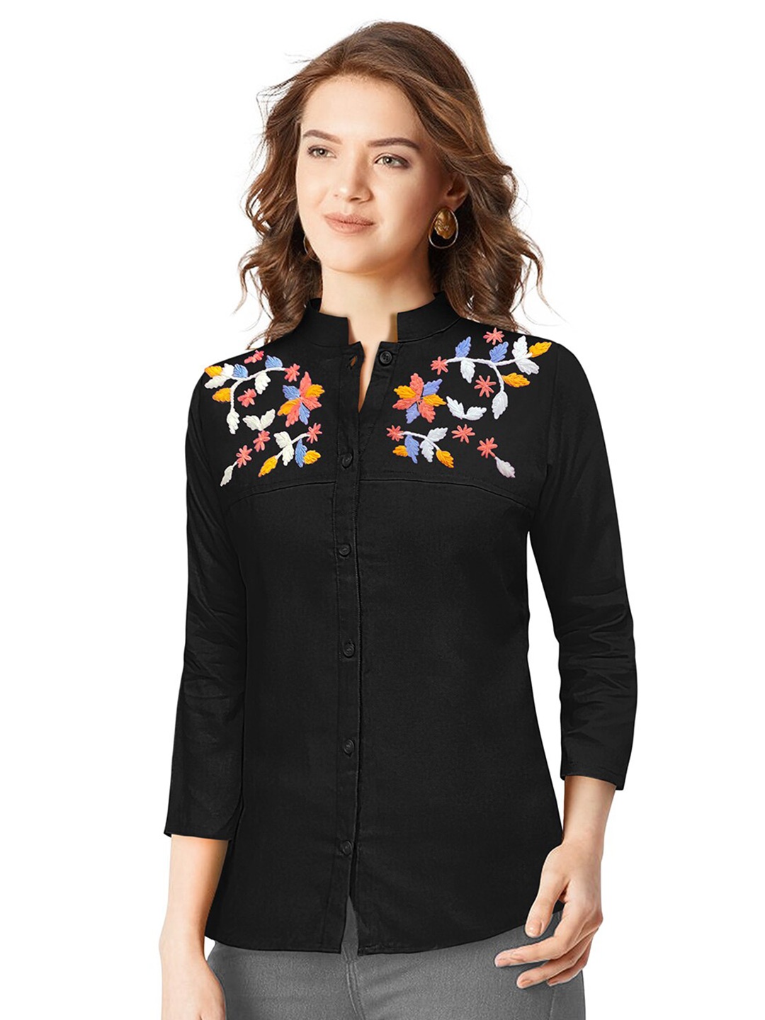 

SANJANA SILK Floral Embroidered Mandarin Collar Shirt Style Top, Black