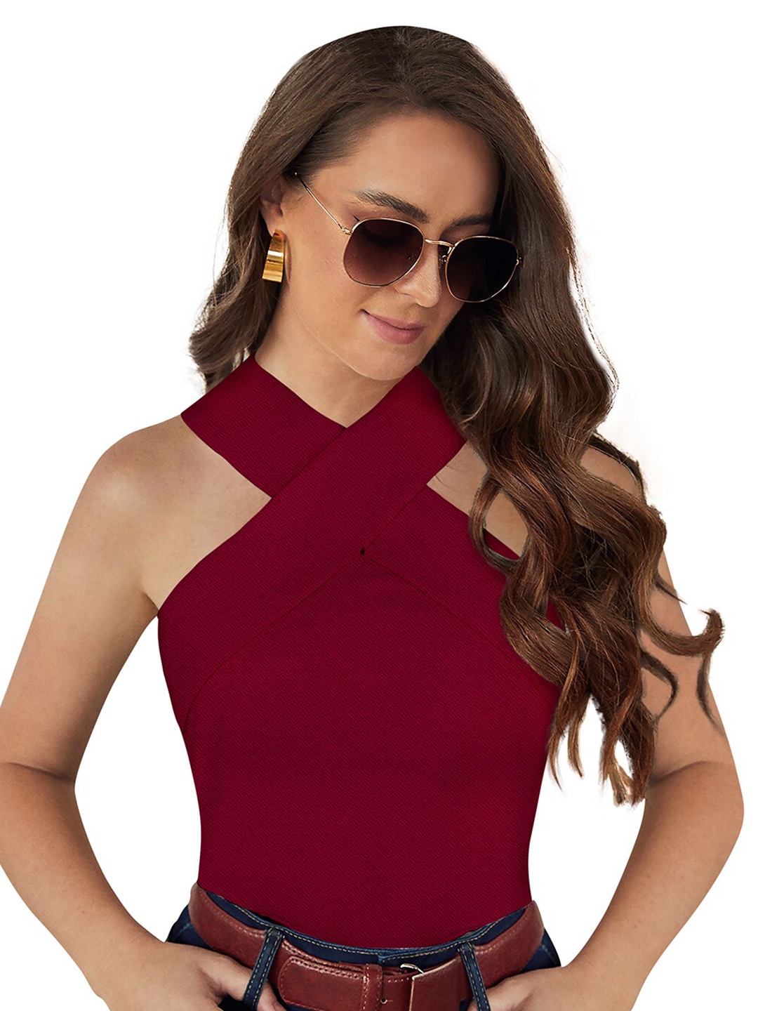 

SANJANA SILK High Neck Sleeveless Ribbed Fitted Top, Maroon