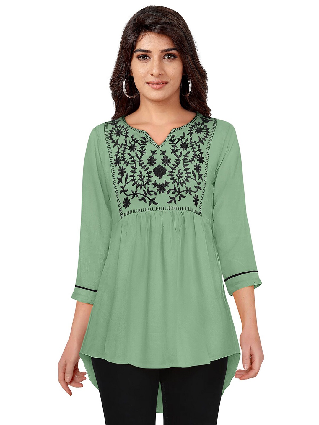 

SANJANA SILK Floral Embroidered Gathered Detail A-Line Top, Green