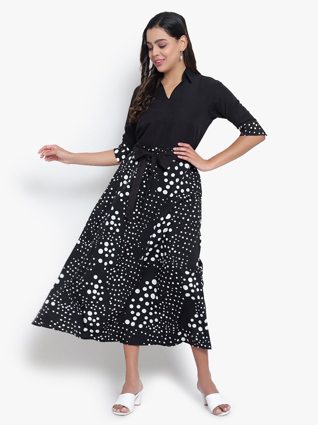 

Indietoga Polka Dots Printed Shirt Collar Fit & Flare Maxi Dress Comes With A Belt, Black