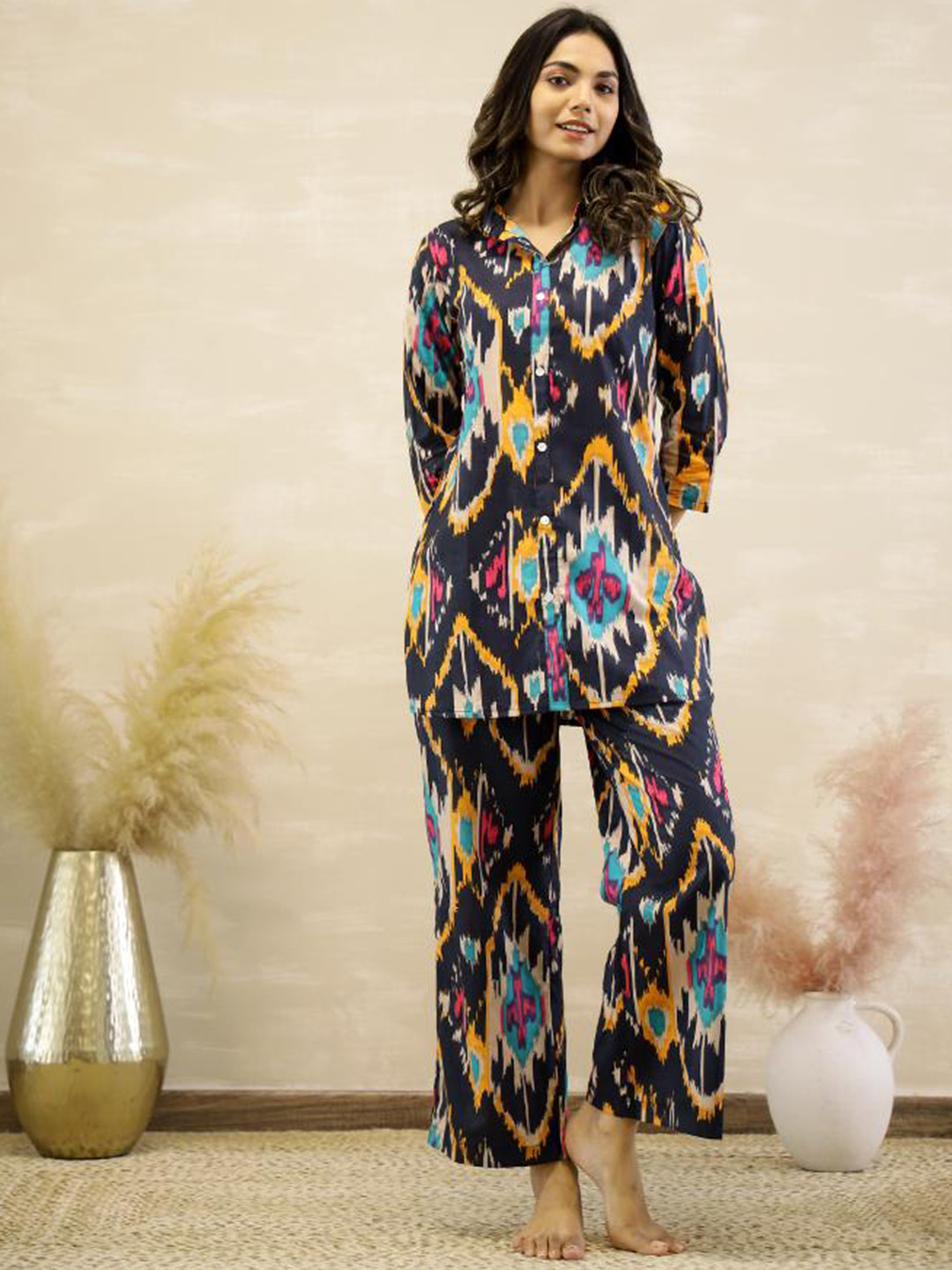 

FLAVIA CREATION Printed Pure Cotton Night Suit, Black