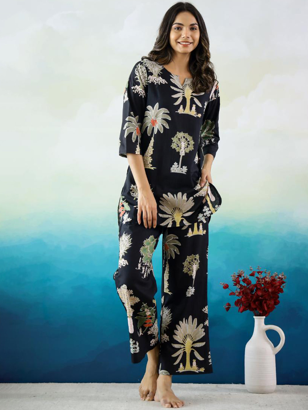 

FLAVIA CREATION Printed Pure Cotton Night Suit, Black