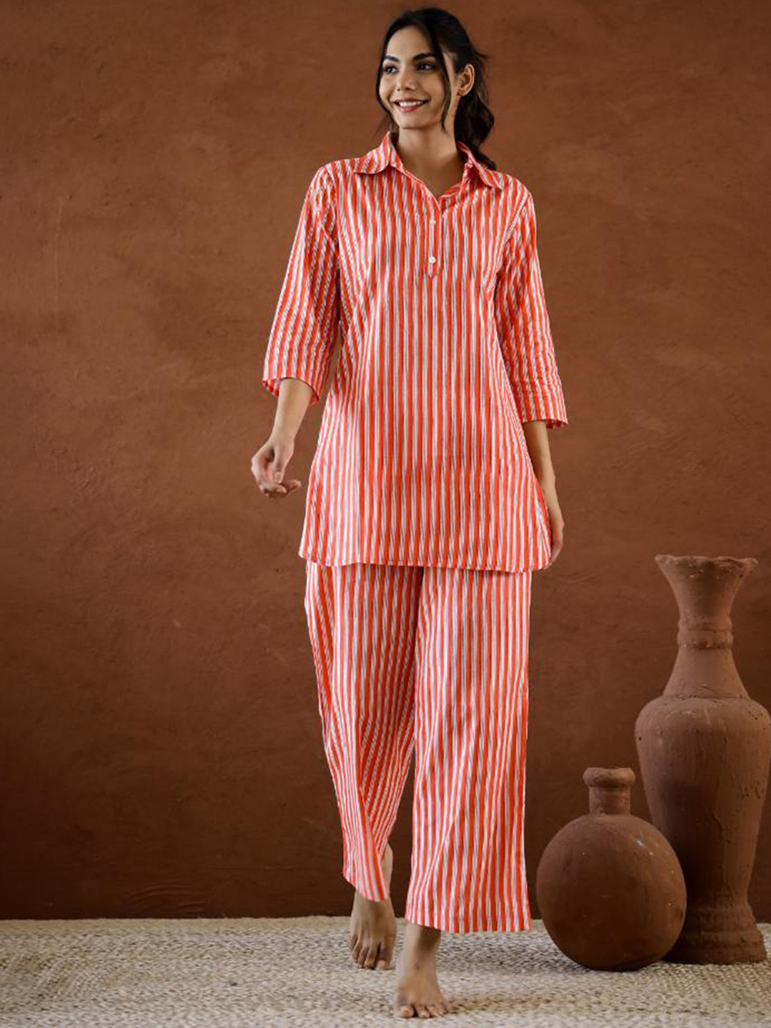

FLAVIA CREATION Women Striped Night suit, Orange