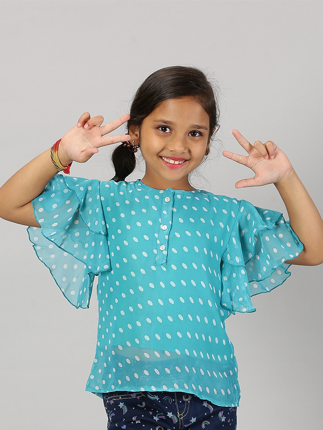 KiddoPanti Floral Print Band Collar Flared Sleeve Top, Sea green