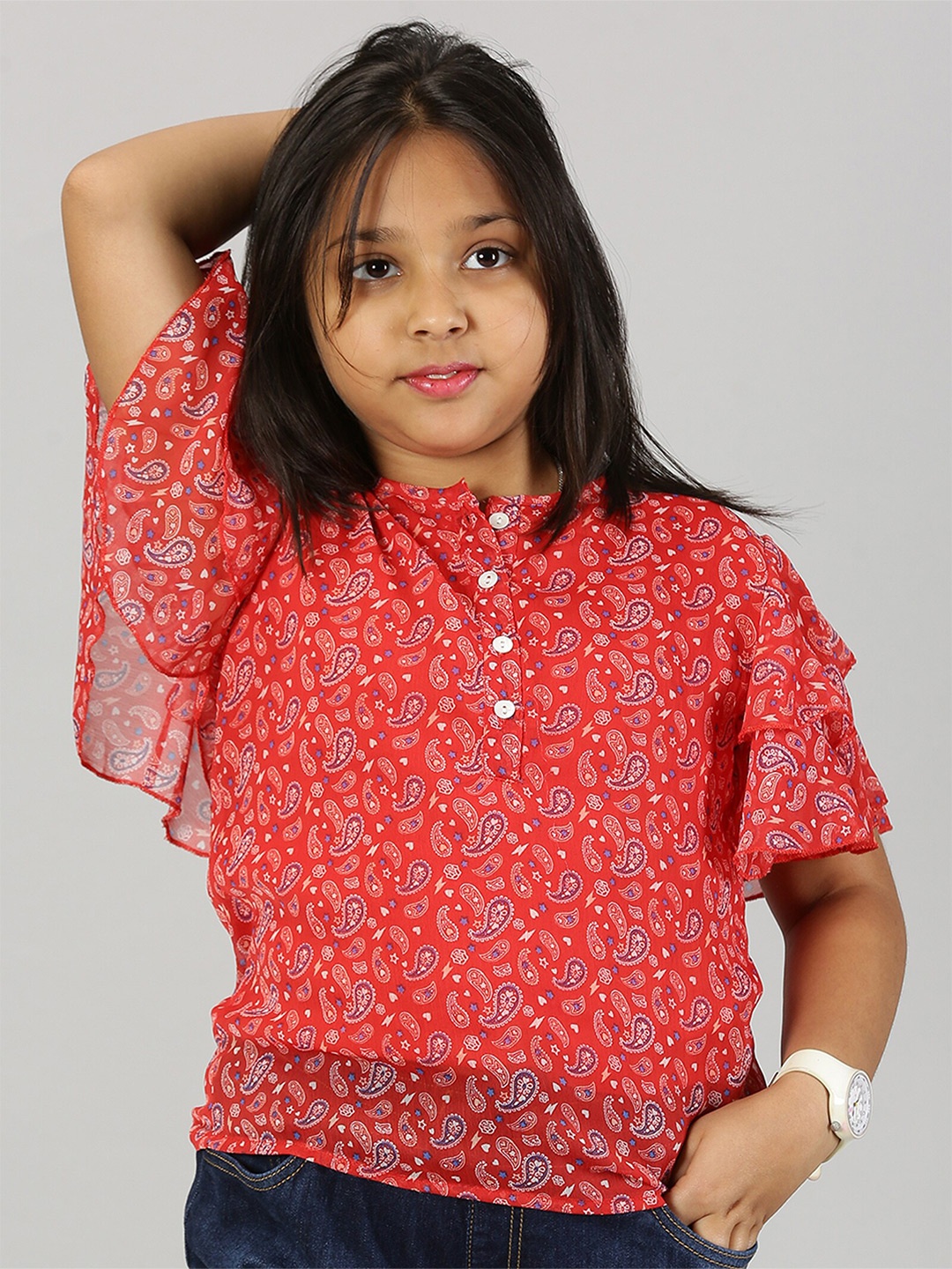 KiddoPanti Floral Print Band Collar Flared Sleeve Blouson Top, Red