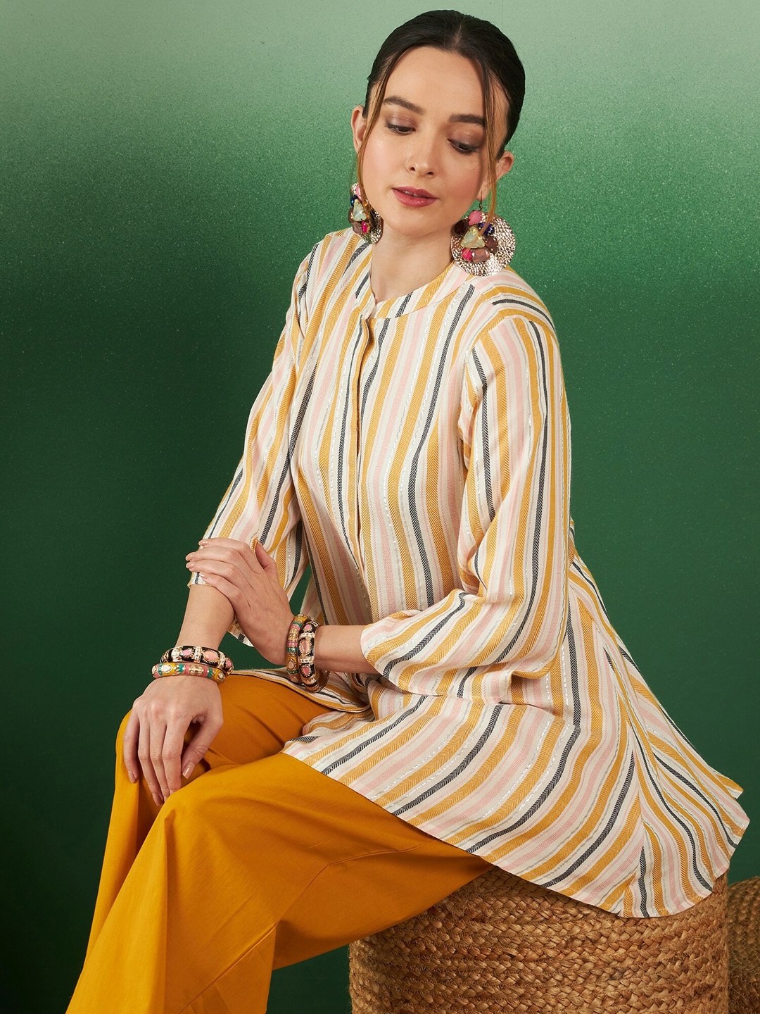 

Sangria Striped Pure Cotton Mandarin Collar Tunic With Palazzos, Yellow