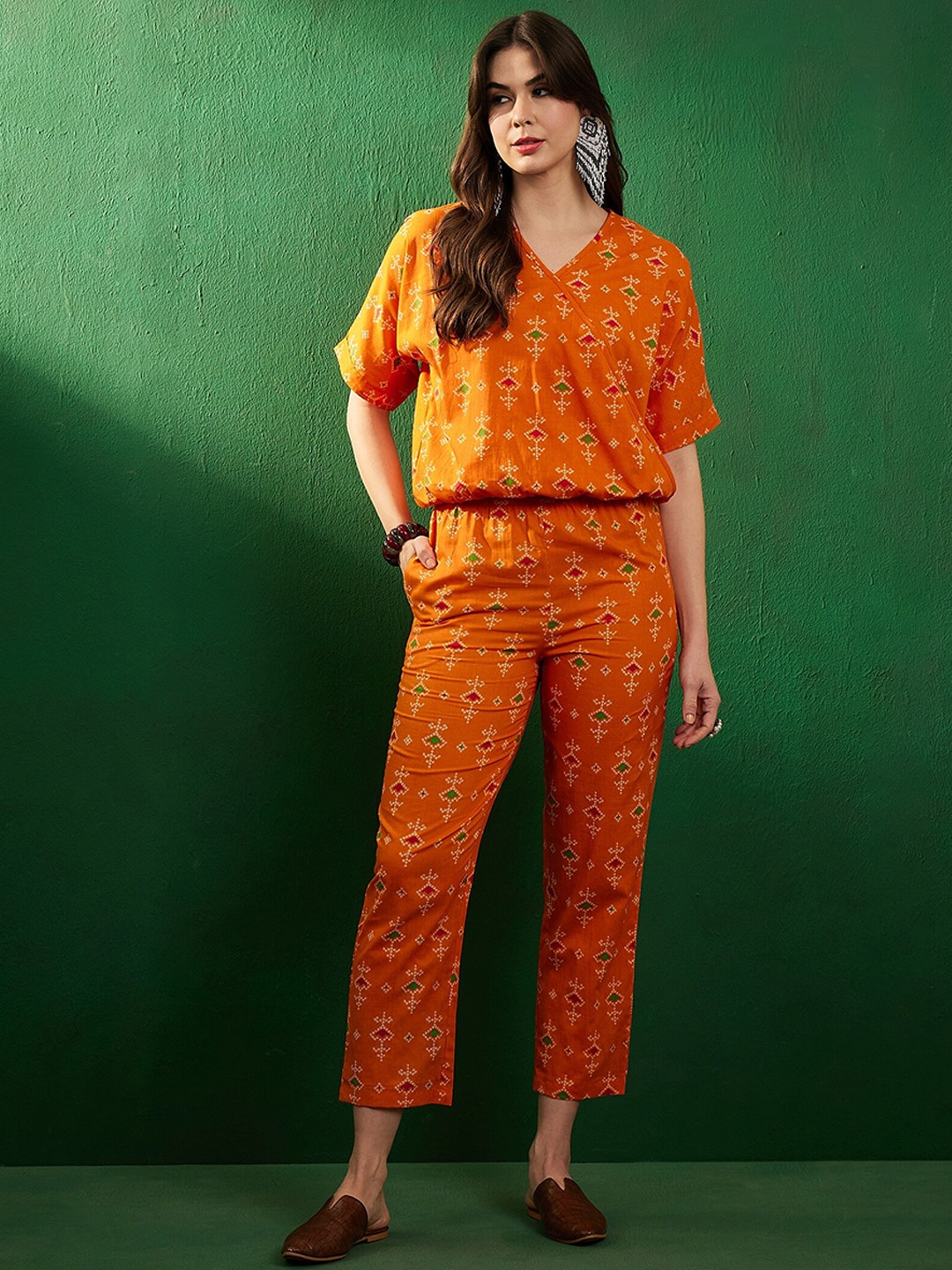 

Sangria Printed Pure Cotton V-Neck Top With Trousers, Orange