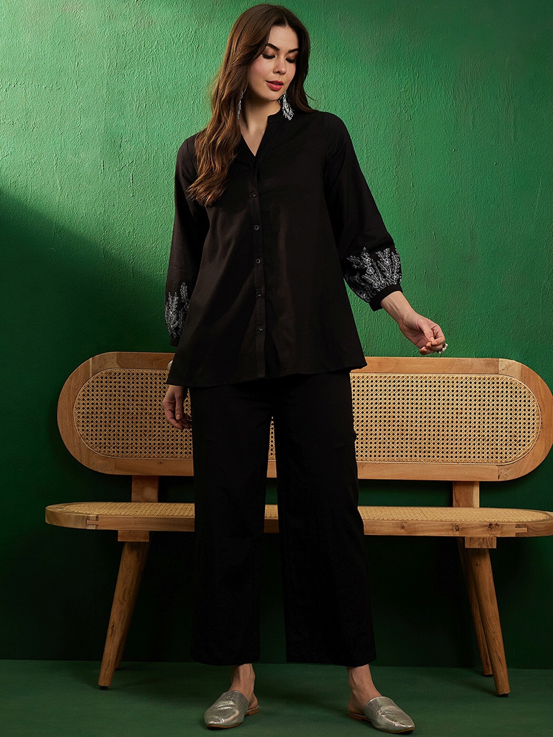 

Sangria Floral Embroidered Pure Cotton V-Neck Shirt With Palazzos, Black