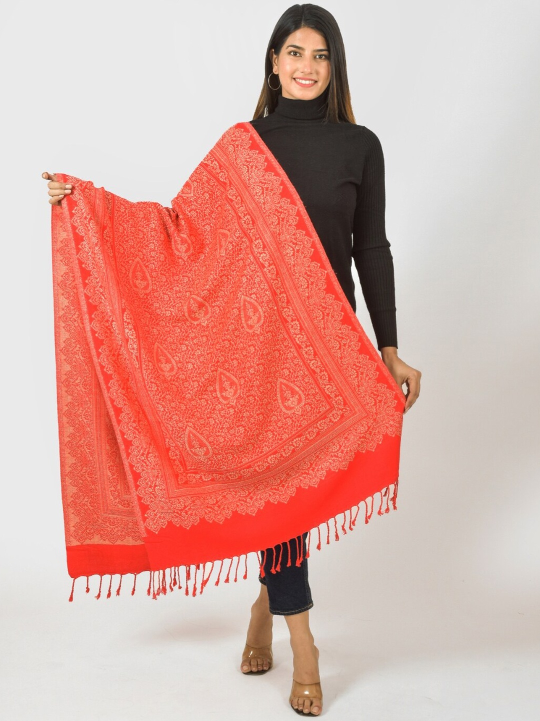 

BAISA Unisex Ethnic Motifs Printed Tasselled Shawl, Red