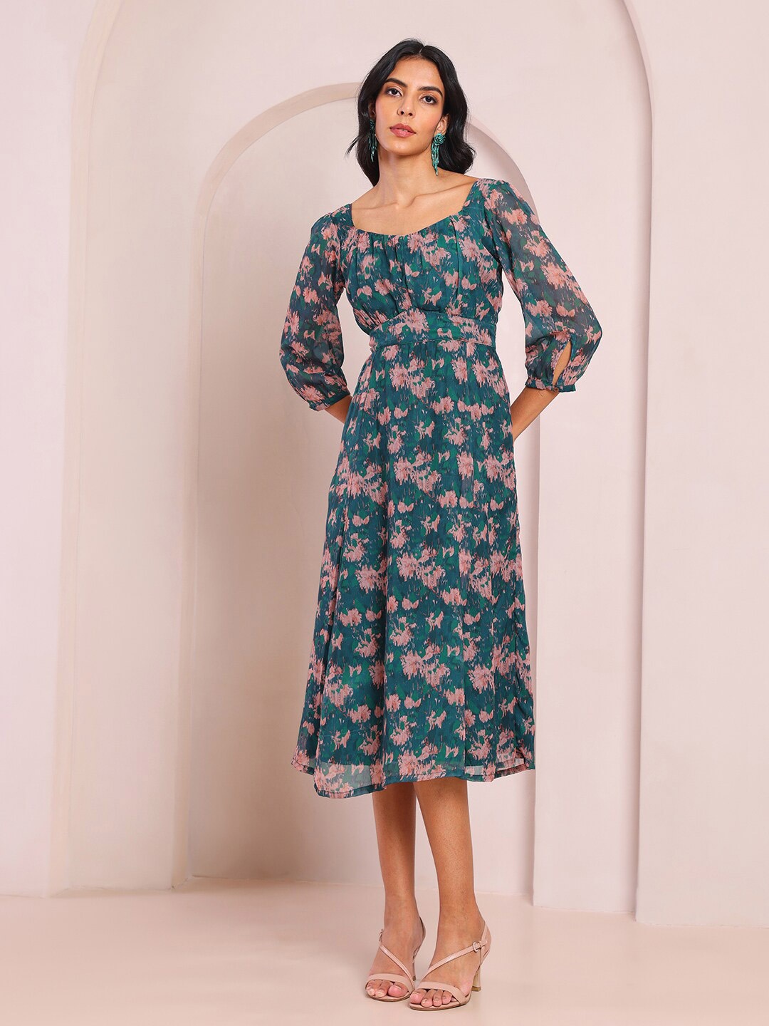 

Saaki Floral Printed Cotton Flared Fit & Flare Midi Dress, Green