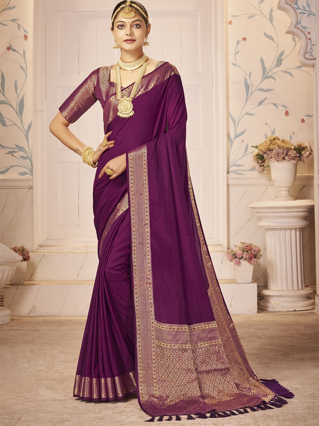 

V3 FASHION STUDIO Zari Pure Georgette Banarasi Saree, Purple