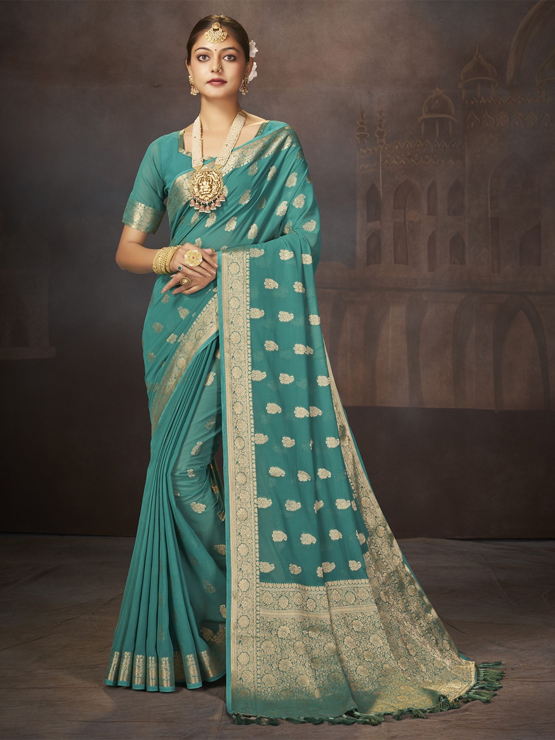 

V3 FASHION STUDIO Ethnic Motifs Zari Pure Georgette Banarasi Saree, Blue