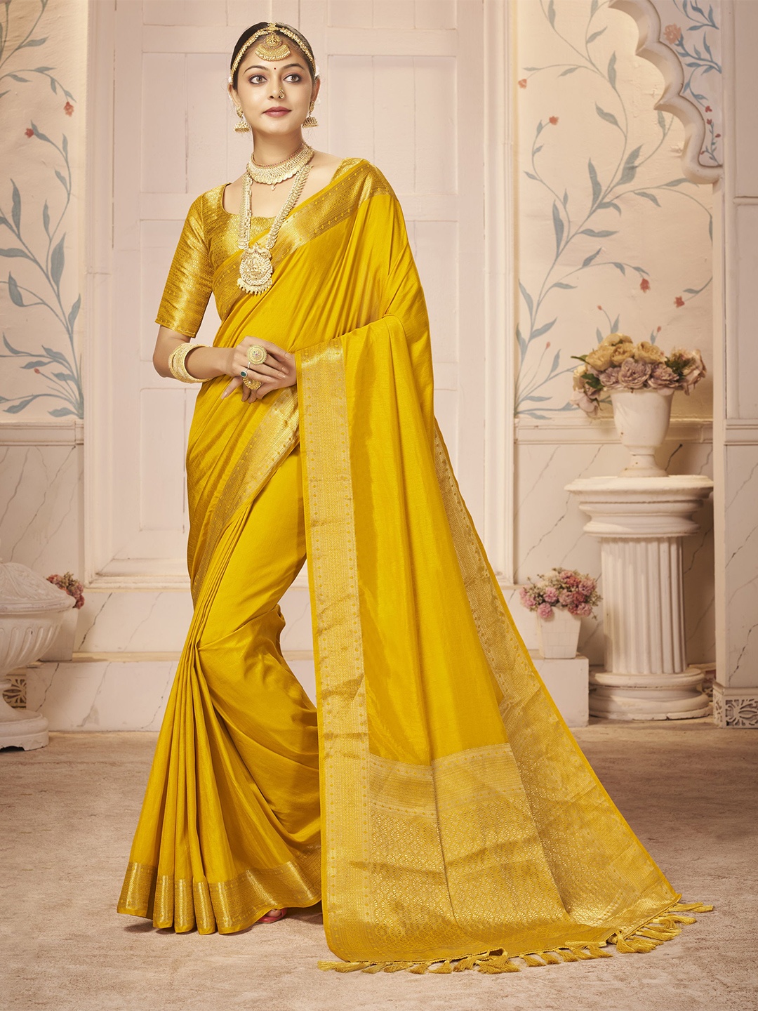 

V3 FASHION STUDIO Zari Pure Georgette Banarasi Saree, Yellow
