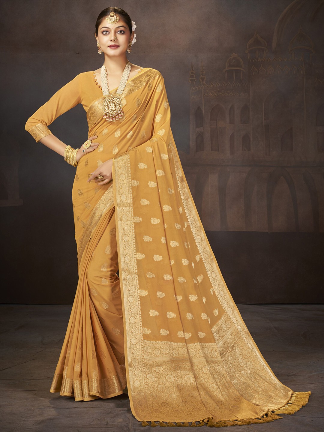 

V3 FASHION STUDIO Ethnic Motifs Zari Pure Georgette Banarasi Saree, Orange