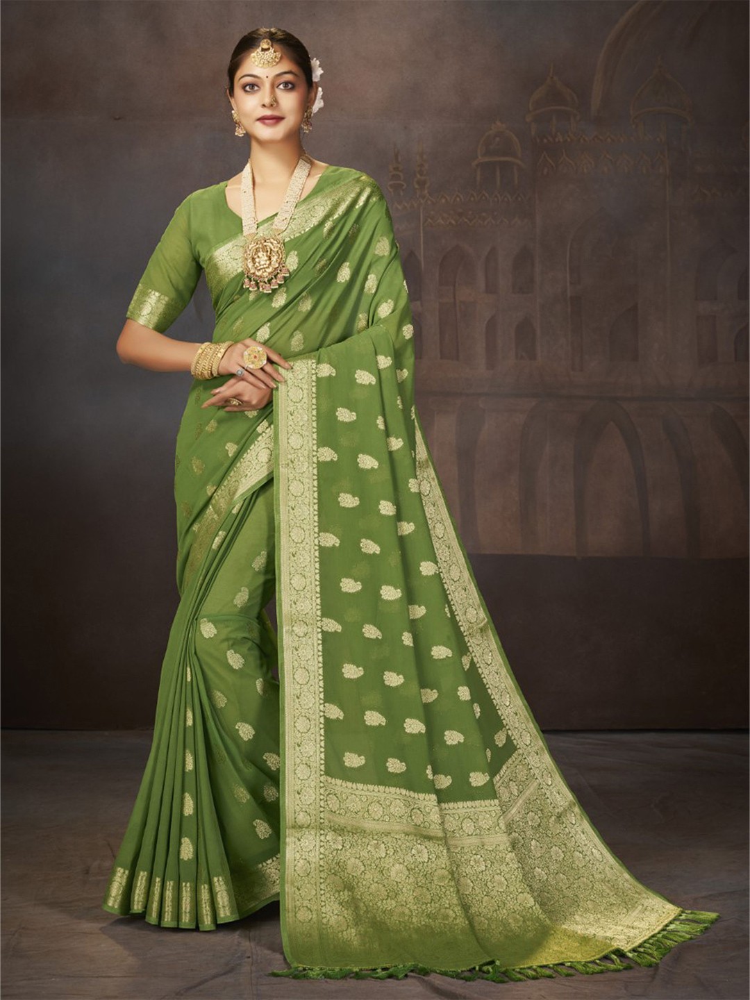 

V3 FASHION STUDIO Ethnic Motifs Zari Pure Georgette Banarasi Saree, Green