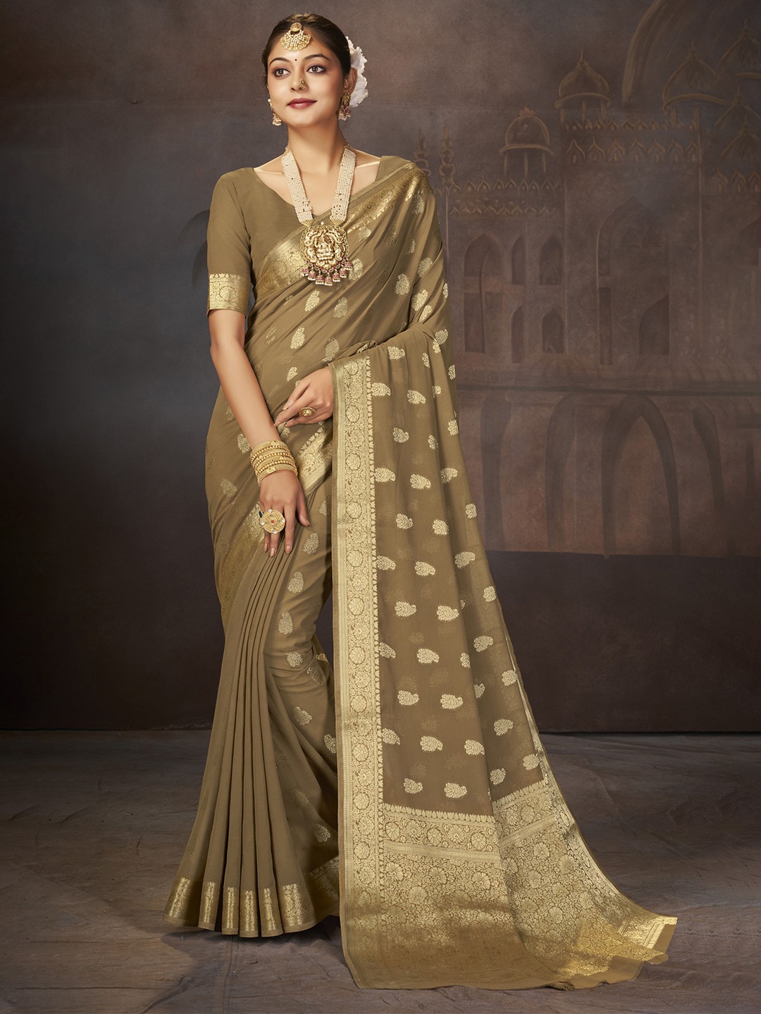 

V3 FASHION STUDIO Ethnic Woven Design Zari Pure Georgette Banarasi Saree, Brown