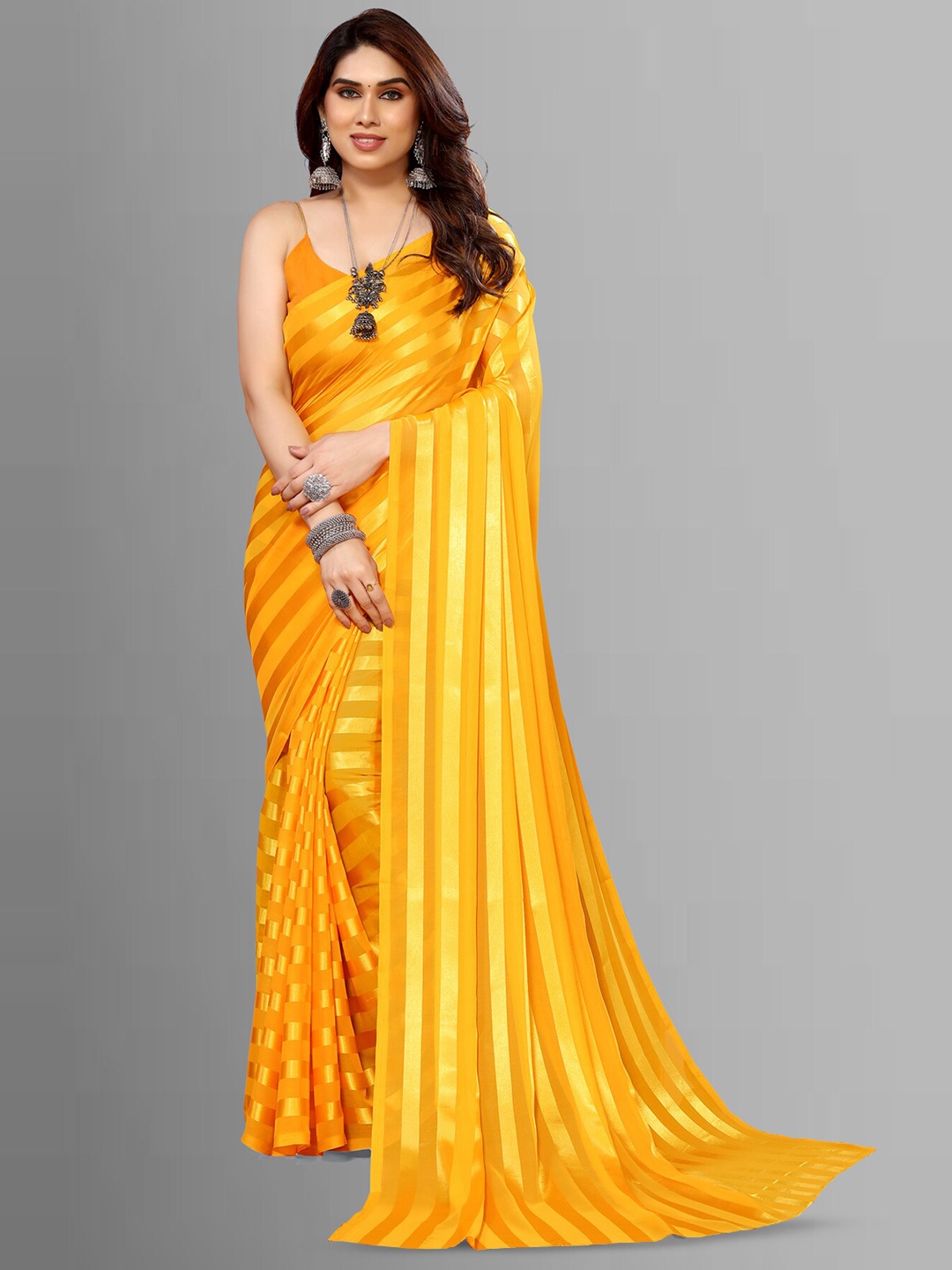 

ANAND SAREES Striped Satin Saree, Yellow