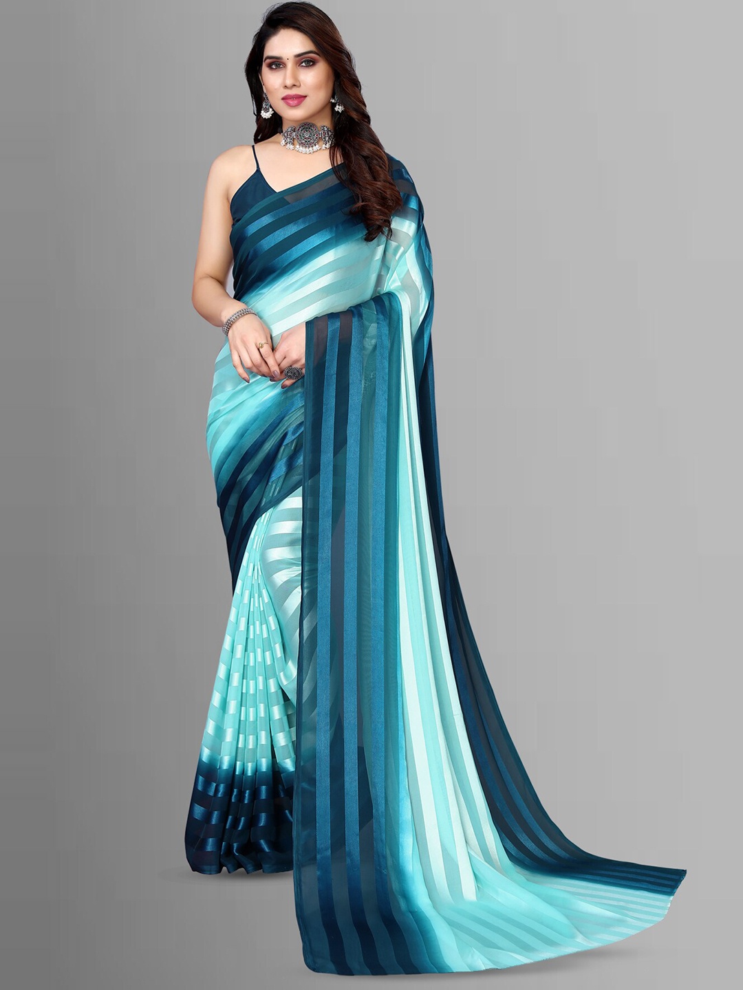 

ANAND SAREES Striped Satin Saree, Navy blue