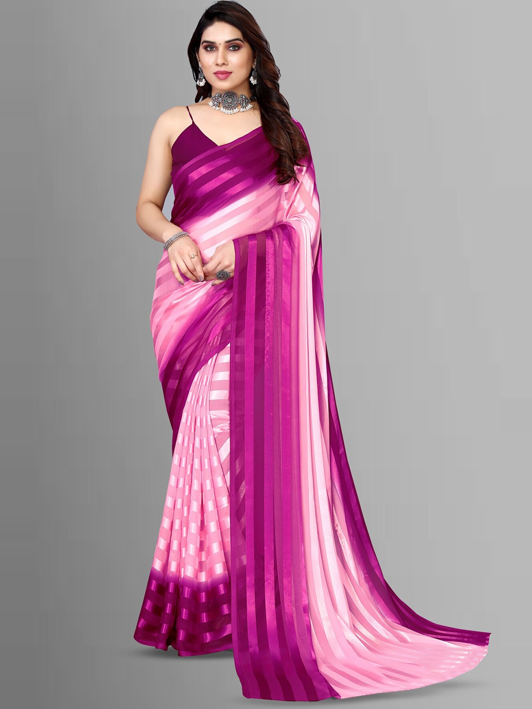 

ANAND SAREES Striped Satin Saree, Purple