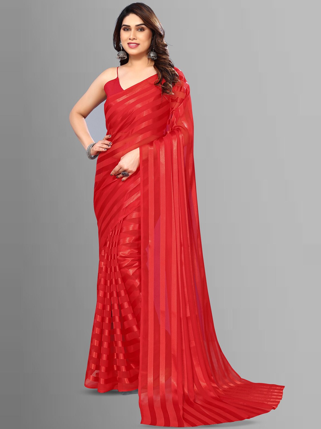 

ANAND SAREES Striped Satin Saree, Red