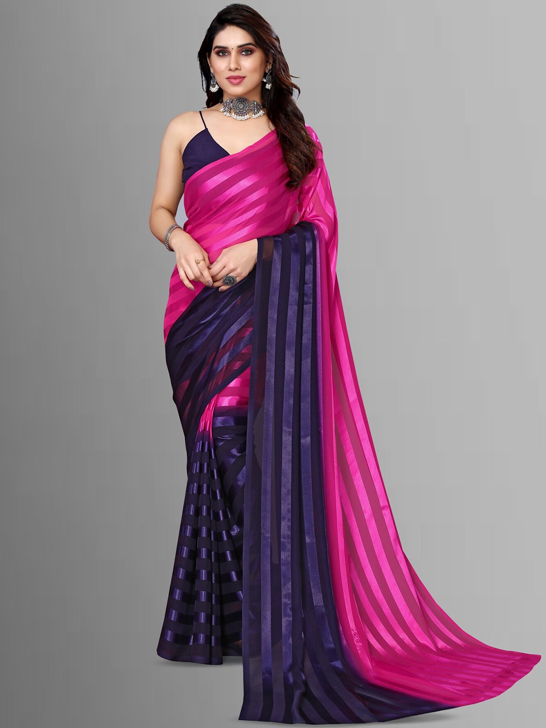 

ANAND SAREES Striped Satin Saree, Pink