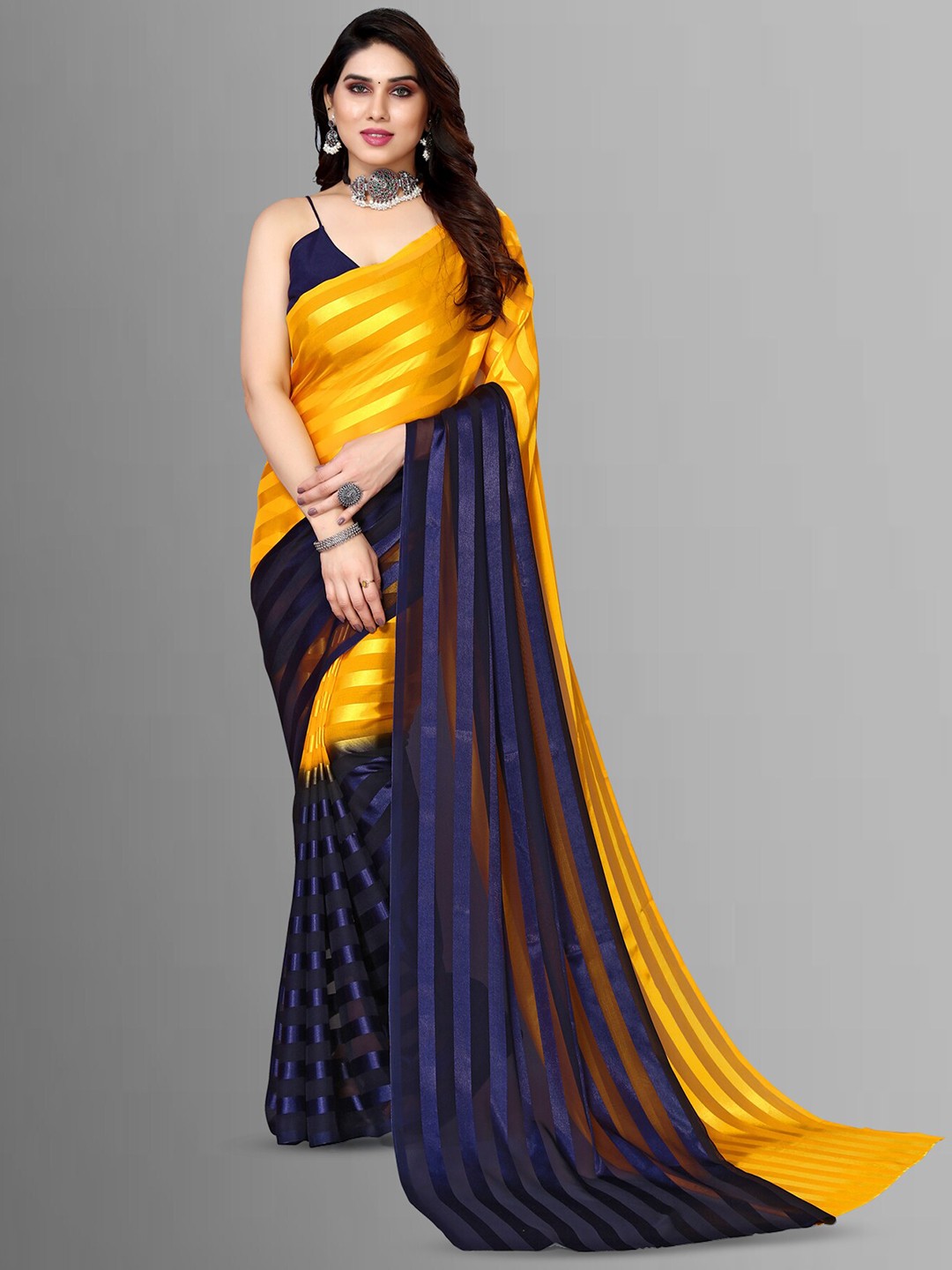 

ANAND SAREES Striped Satin Saree, Yellow