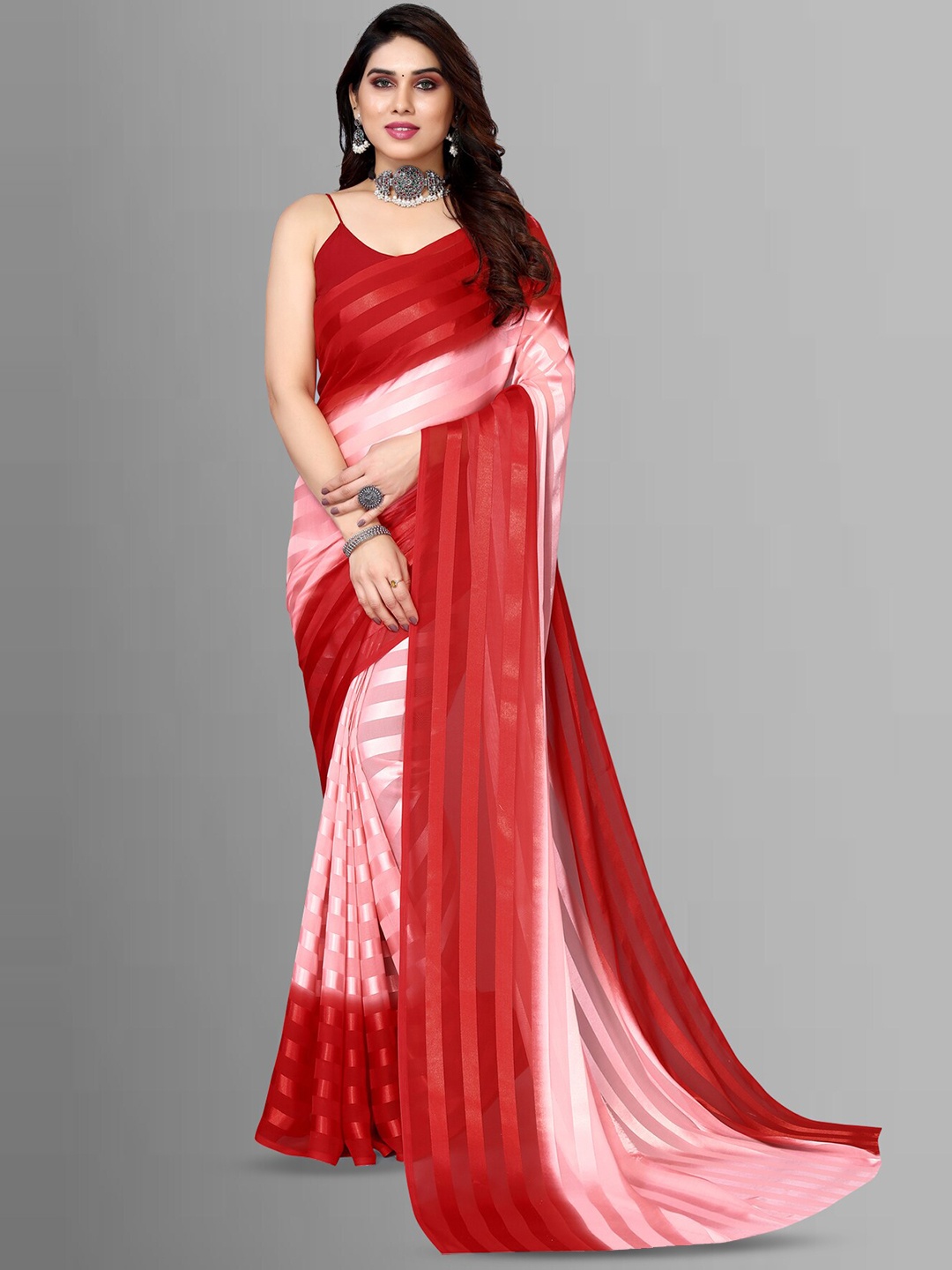 

ANAND SAREES Striped Satin Saree, Red