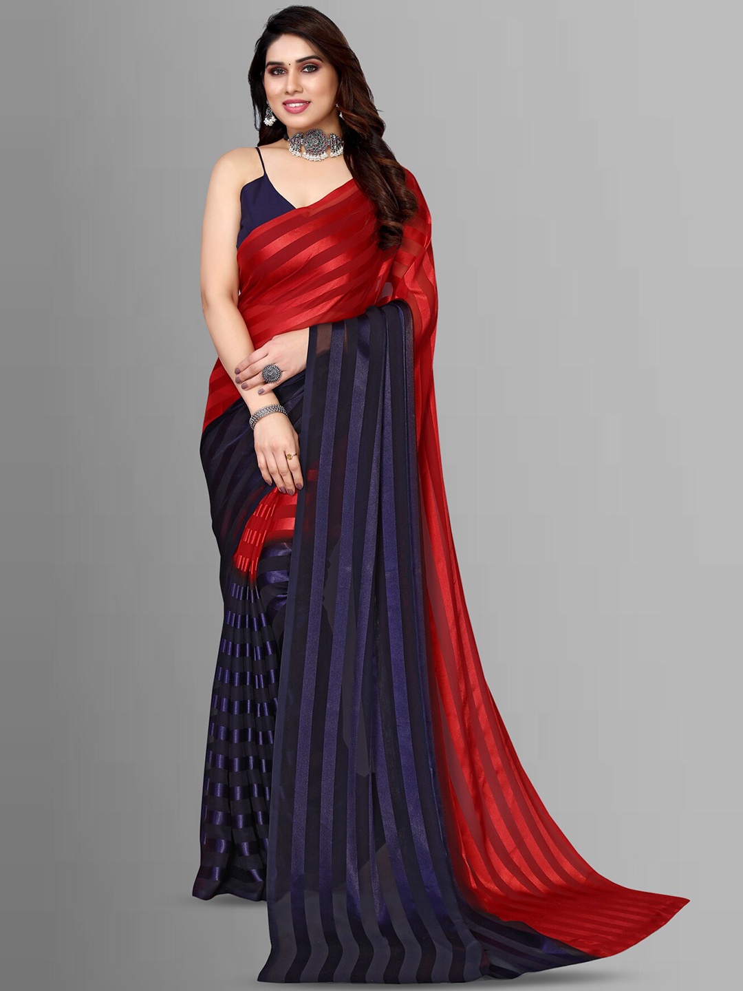 

ANAND SAREES Striped Satin Saree, Red