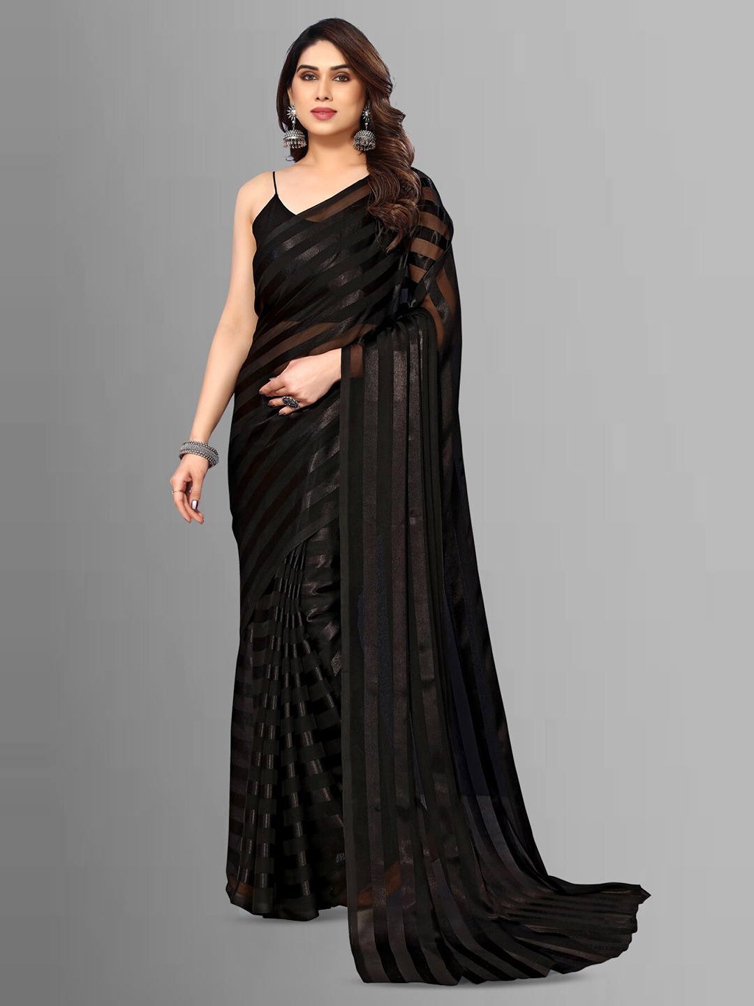 

ANAND SAREES Striped Satin Saree, Black